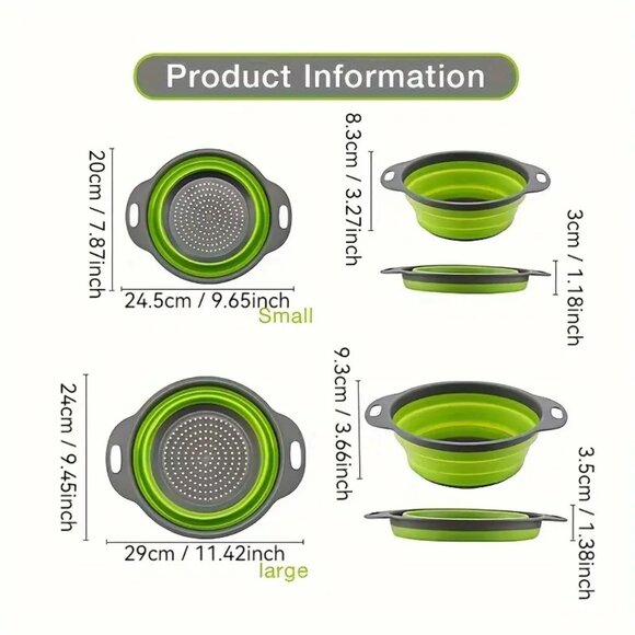 2-Pack Collapsible Space-Saving Silicone Kitchen Colanders Green Strainers Round - Picture 3 of 6